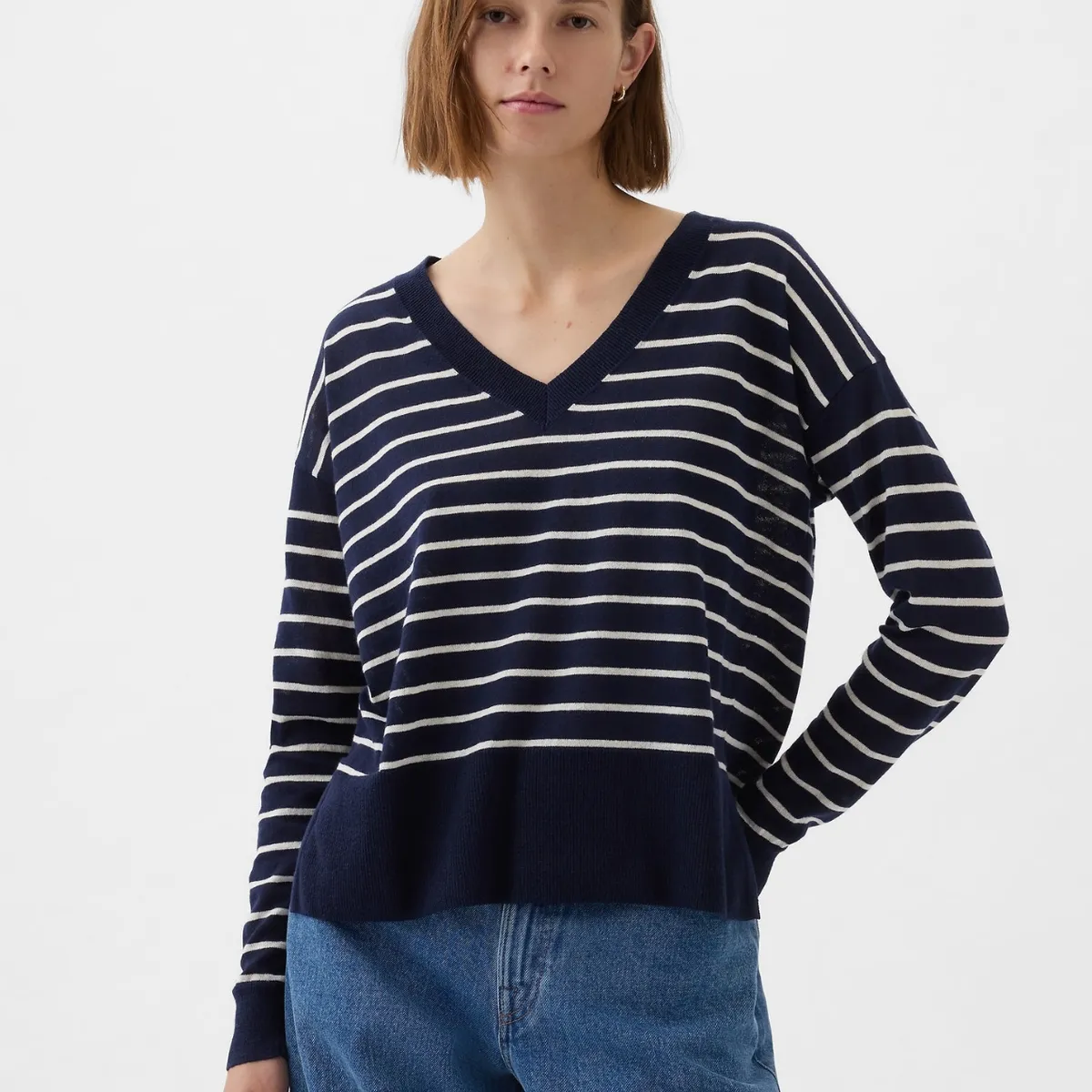 GAP - Chaleco Mujer Lino Cuello V Rayado Azul GAP