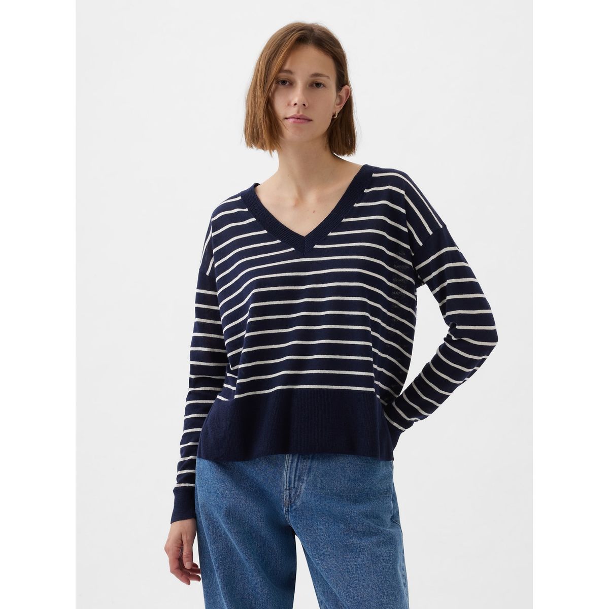 GAP - Chaleco Mujer Lino Cuello V Rayado Azul GAP