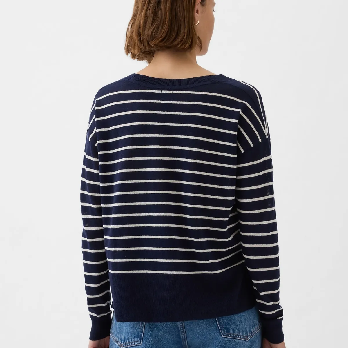 GAP - Chaleco Mujer Lino Cuello V Rayado Azul GAP