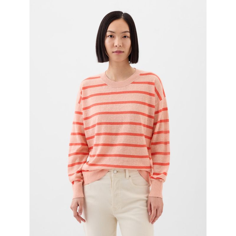 GAP - Chaleco Mujer Lino Cuello Redondo Rayado Rosado GAP