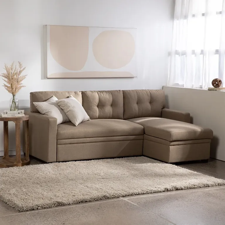 Sofa Cama 2 Plazas Beige Lino 212x72 Intercambiable y Almacenamiento Sidney