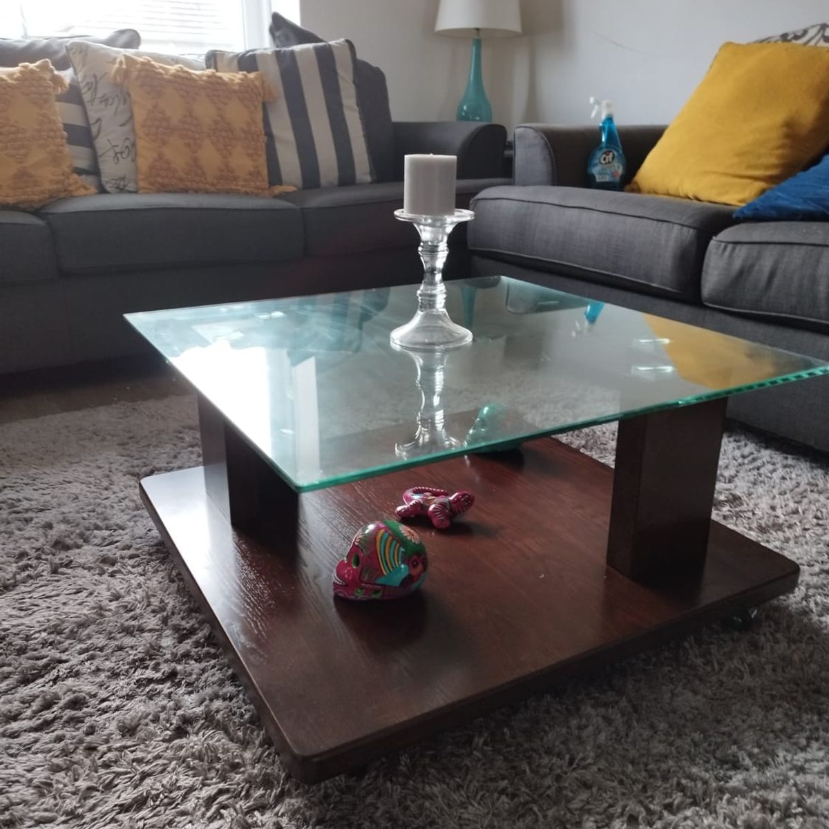 GENERICO - Mesa De Centro Madera Marron Y Vidrio Templado Con Ruedas