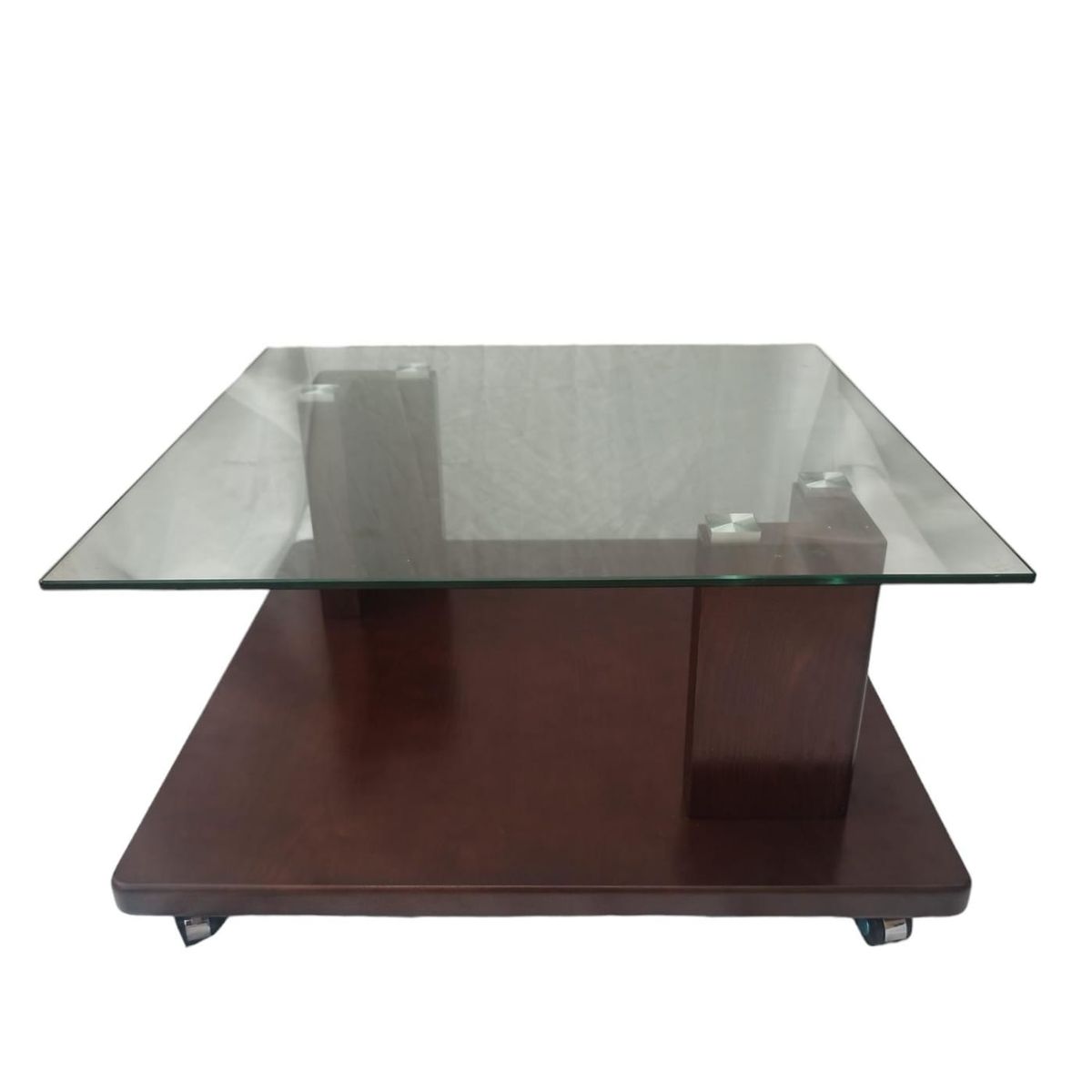 GENERICO - Mesa De Centro Madera Marron Y Vidrio Templado Con Ruedas