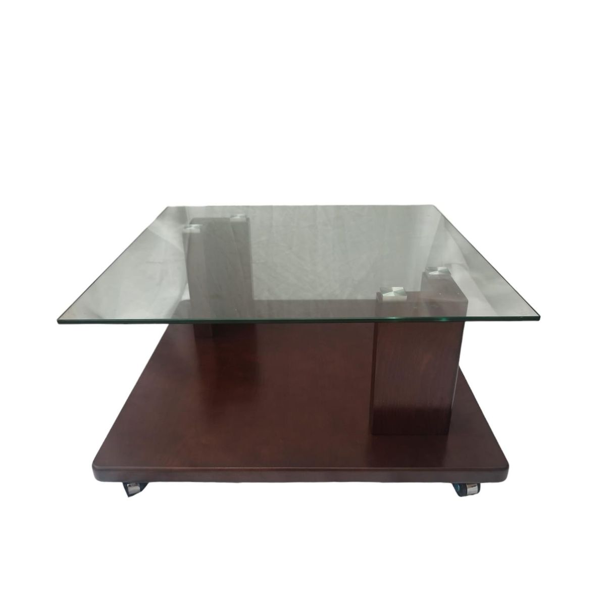 GENERICO - Mesa De Centro Madera Marron Y Vidrio Templado Con Ruedas