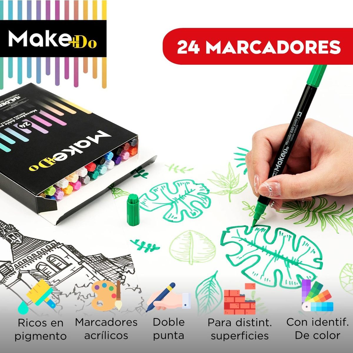 CASATUA - Marcadores Plumones Acrilico Make+do Doble Punta X24 Lapices