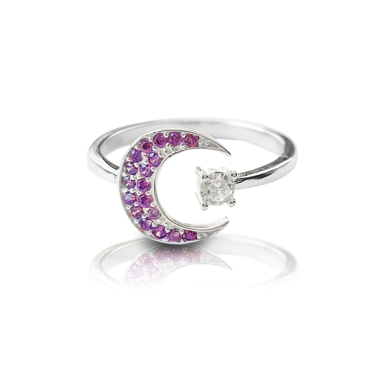 COGGIOLA - Anillo Luna Micro Circón Morado Plata Fina 925