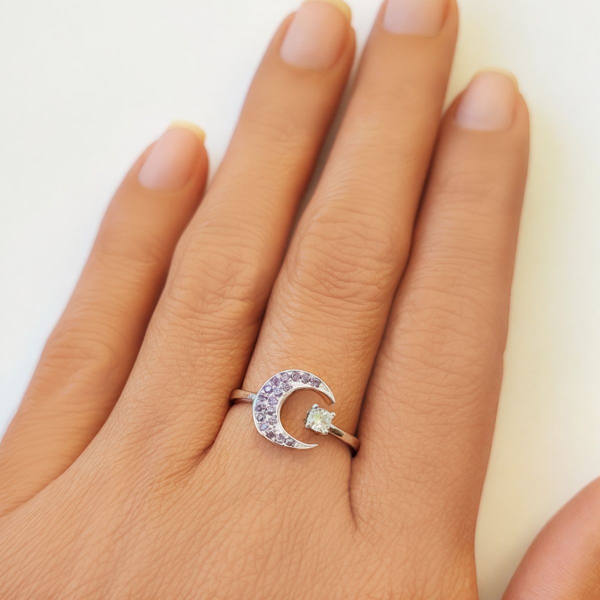 COGGIOLA - Anillo Luna Micro Circón Morado Plata Fina 925