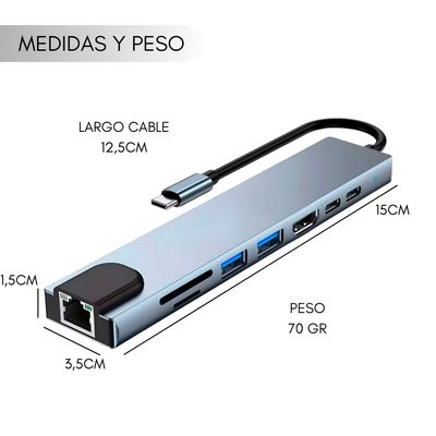 Imagen 2 del producto Hub Adaptador Usb Tipo C 8 En 1 Para Mac Macbook Windows