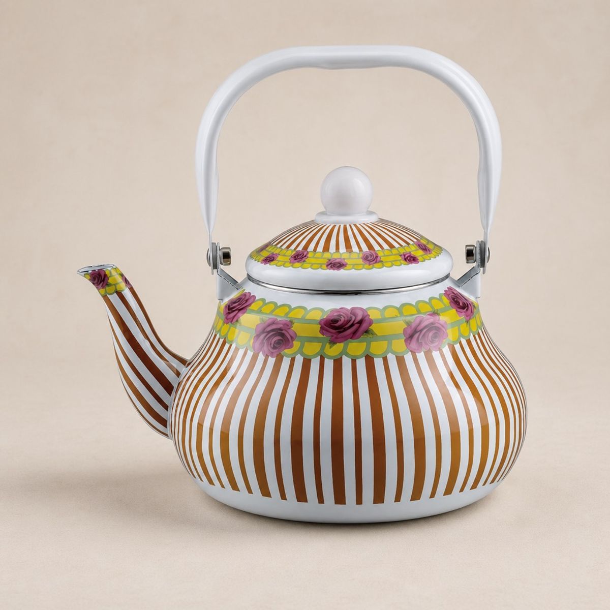 HOMESTAR - Tetera Cafetera Vintage Esmalte con Flores y Tiras Marrones XL
