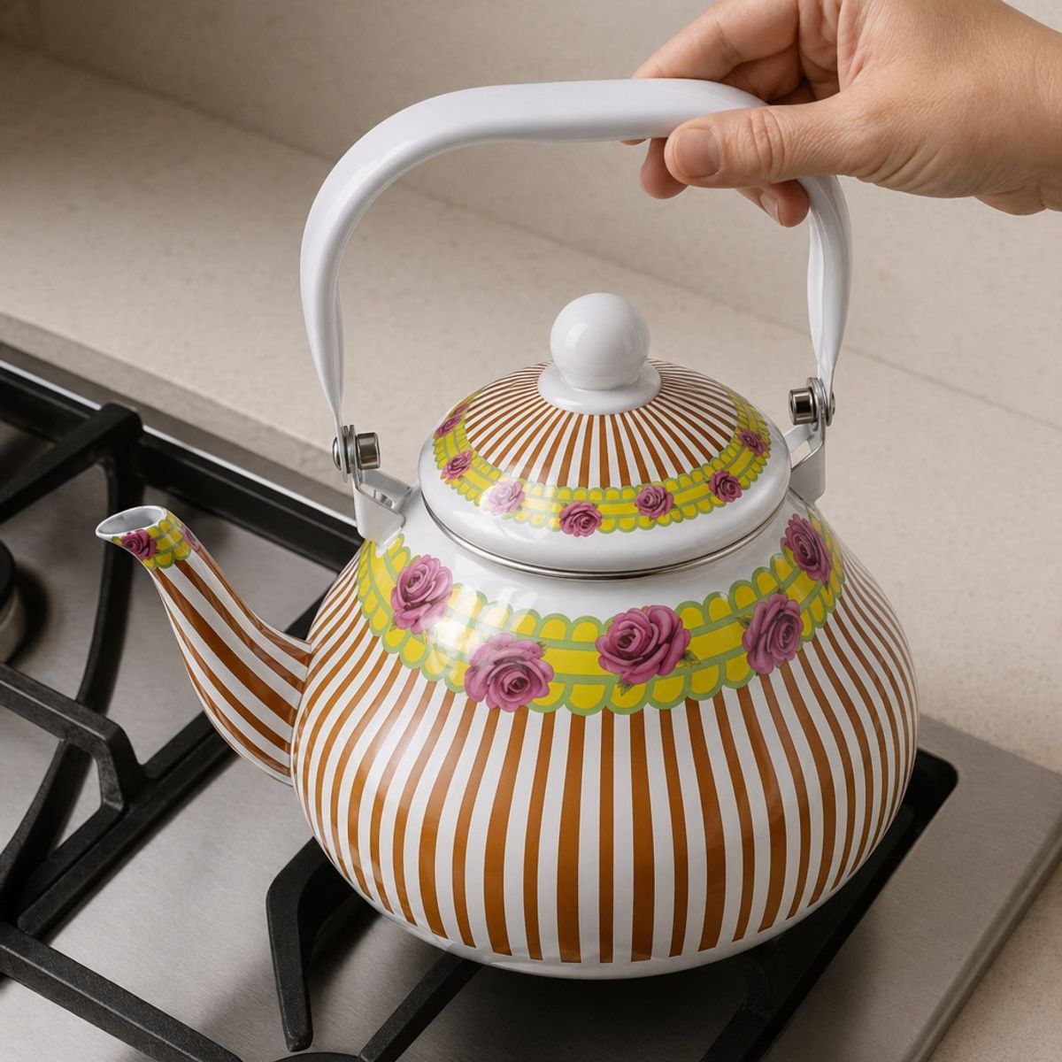 HOMESTAR - Tetera Cafetera Vintage Esmalte con Flores y Tiras Marrones XL