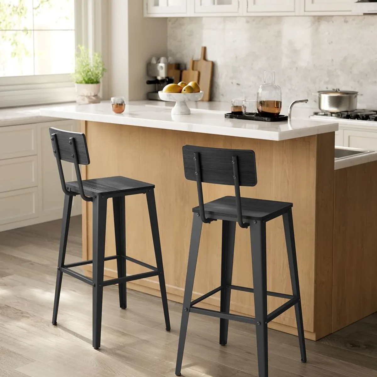 VASAGLE - 2 Taburetes Black con Respaldo Negro