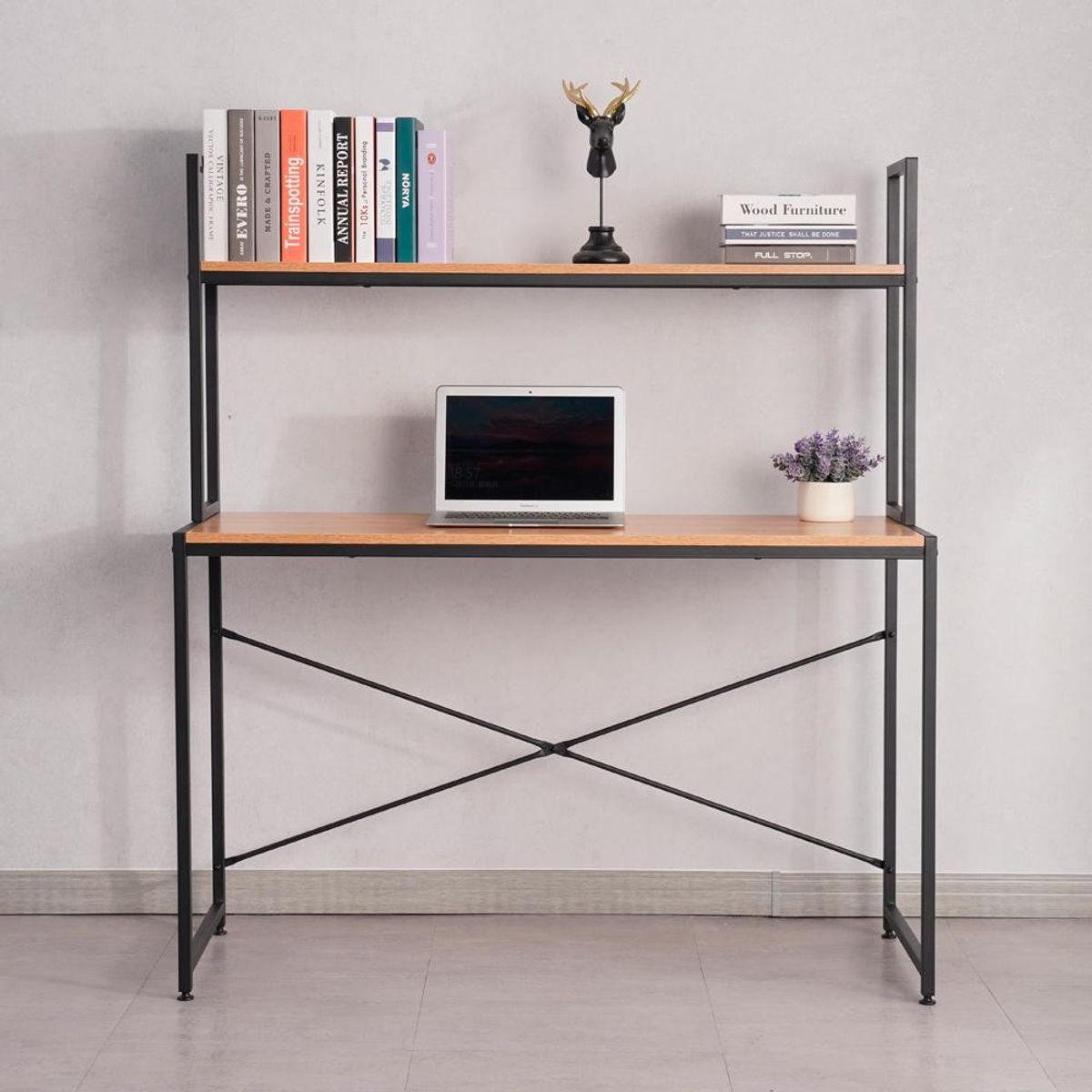 SPAZZIO - Escritorio Iron Line con repisa 1 posición natural 120x48x135 cm