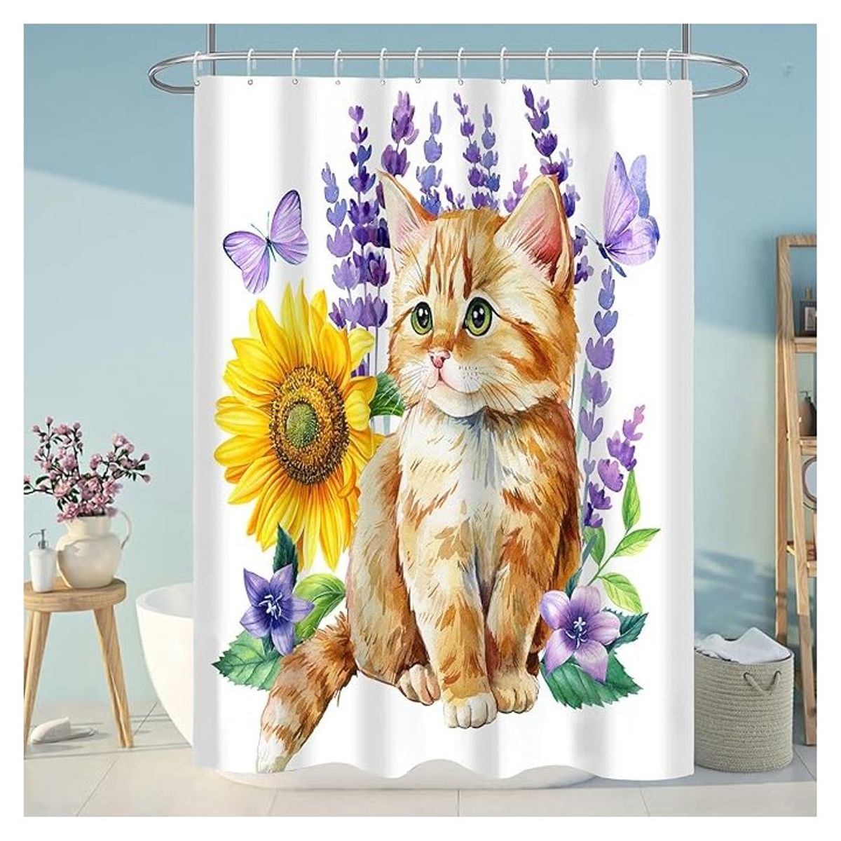 COMPRAPO - Cortina Baño Impermeable Gatito Primavera más 12 Ganchos 180x180 Cm.
