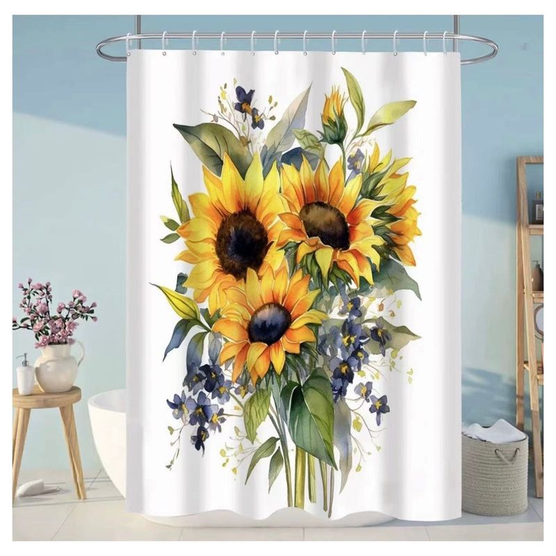 COMPRAPO - Cortina Baño Impermeable Bouquet de Girasoles más 12 Ganchos 180x180 Cm.