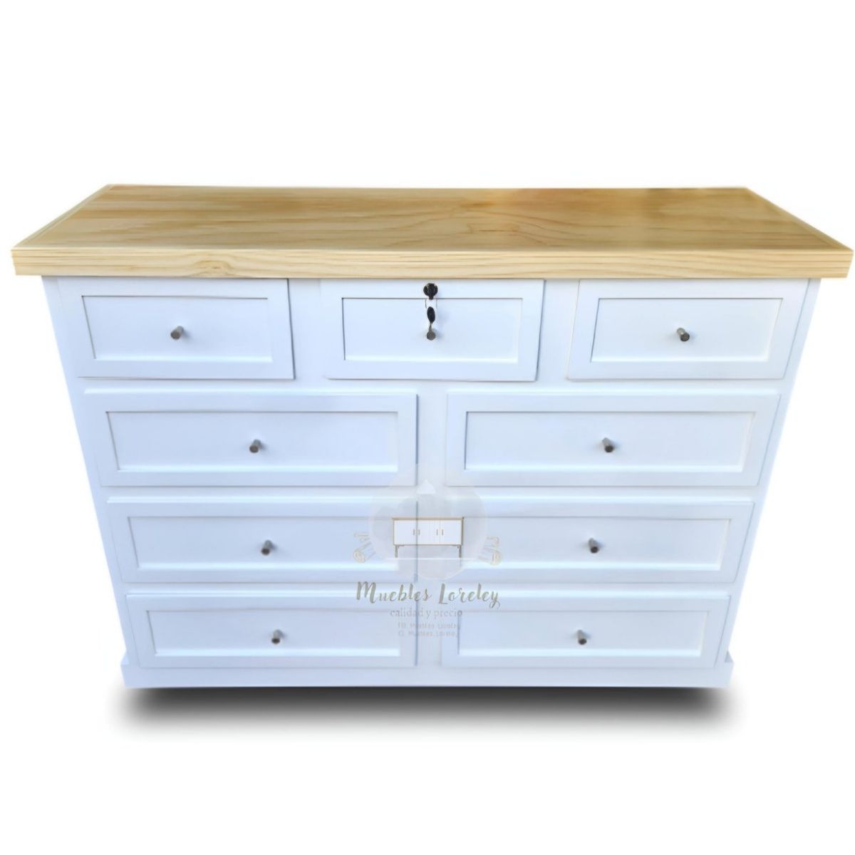 RUSTIC STYLE - CÓMODA MADERA 9 CAJONES LÚMINA BLANCA Y NATURAL.