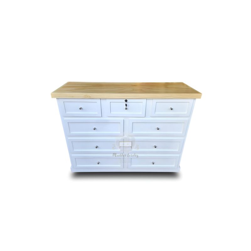 RUSTIC STYLE - CÓMODA DE MADERA 9 CAJONES LÚMINA BLANCA Y NATURAL.
