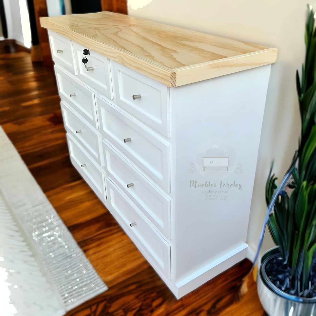 RUSTIC STYLE - CÓMODA MADERA 9 CAJONES LÚMINA BLANCA Y NATURAL.