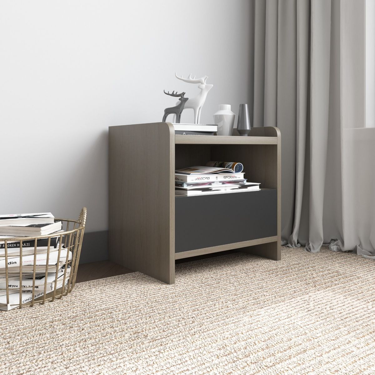 5 SUEÑO - Velador Moderno Nordico Gris Sobrio 2 Niveles 1 Cajon 43x40x50