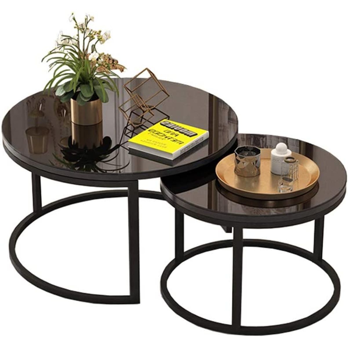 OEM - Mesa de Centro Redonda dos en uno con vidrio Templado 335 Negro