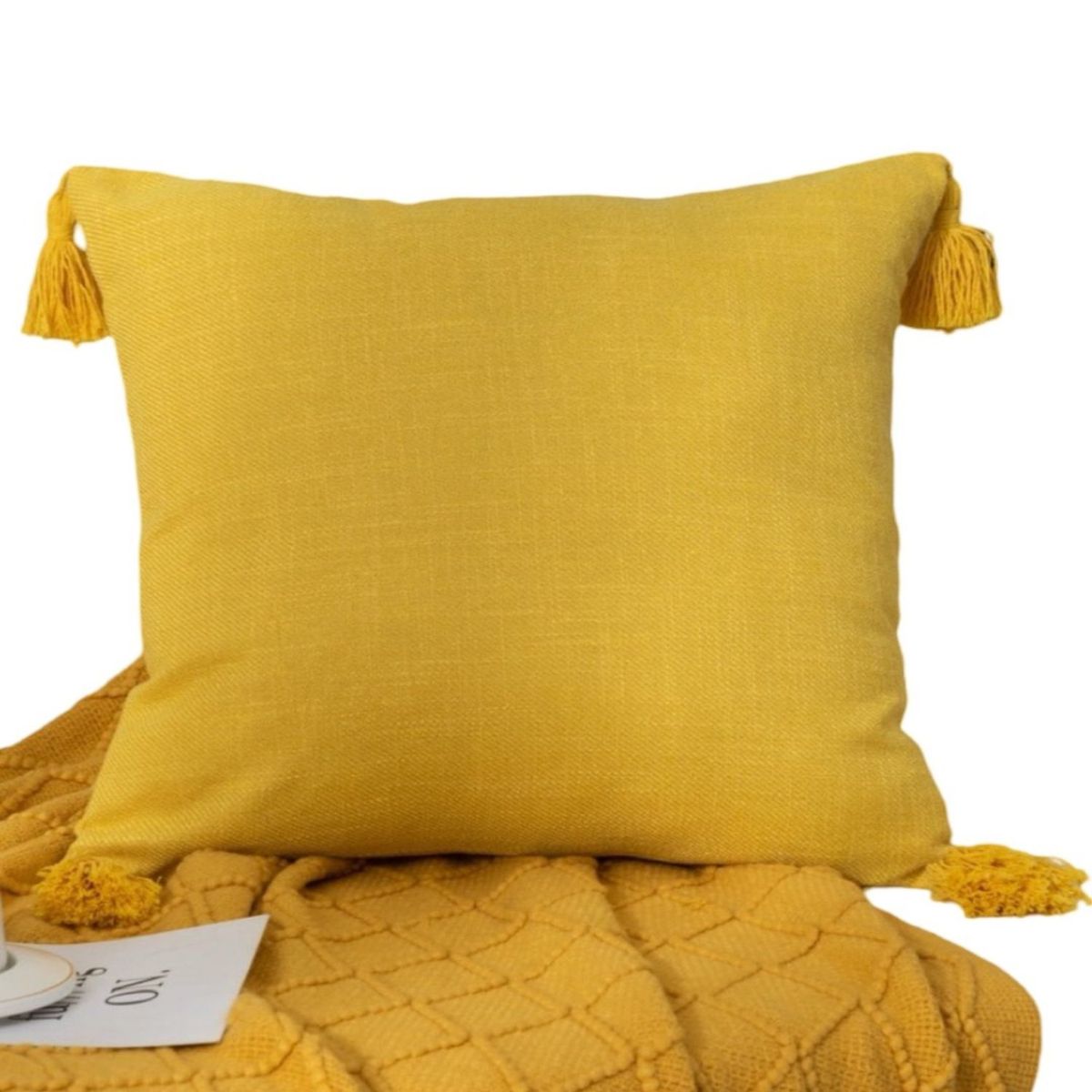 GENERICO - Juego de 2 Fundas de Cojín de Lino con Pompones-Mostaza