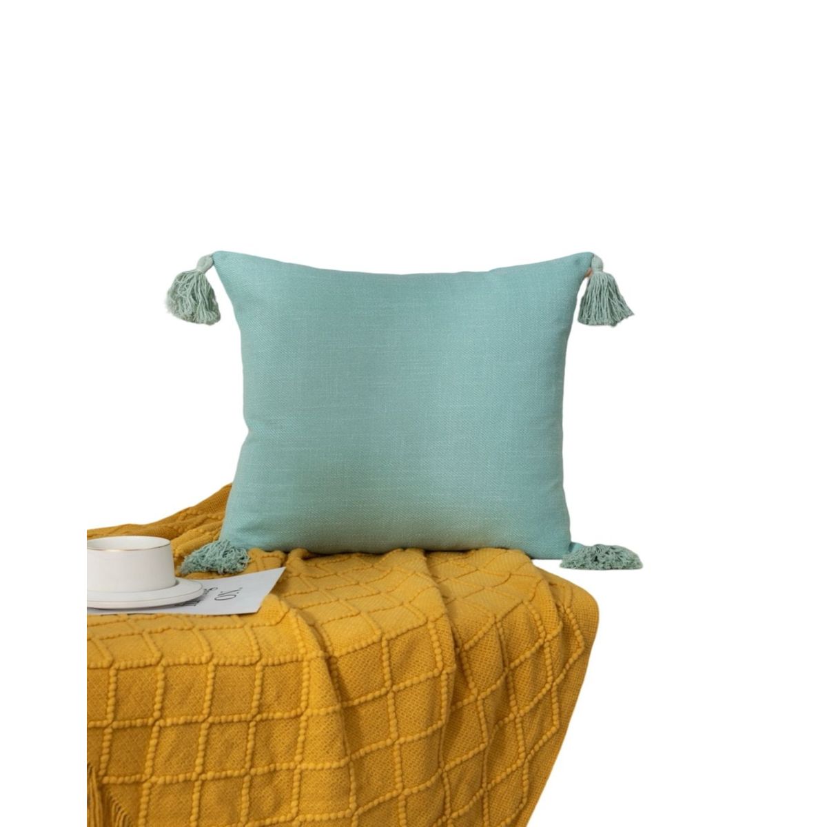 GENERICO - Juego de 2 Fundas de Cojín de Lino con Pompones-Turquesa