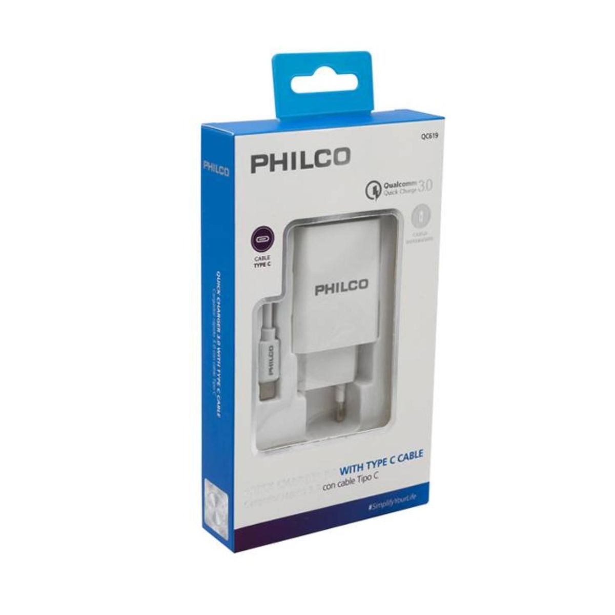 PHILCO - Cargador de pared USB Tipo C carga Rápida 18W Blanco