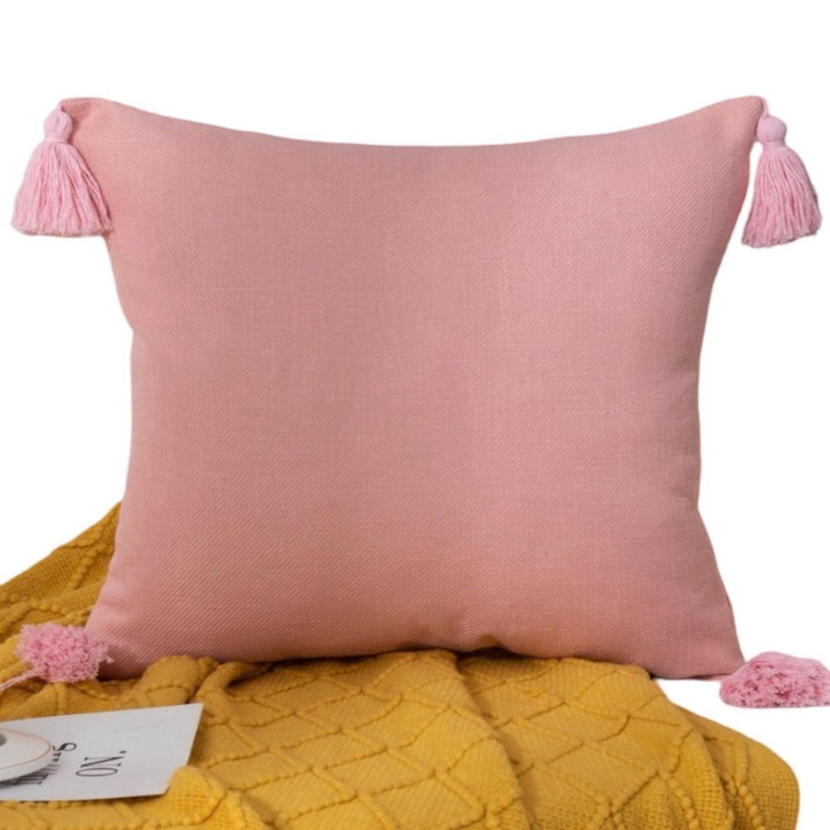 GENERICO - Set de 4 Fundas de Cojín de Lino con Pompones-Rosa