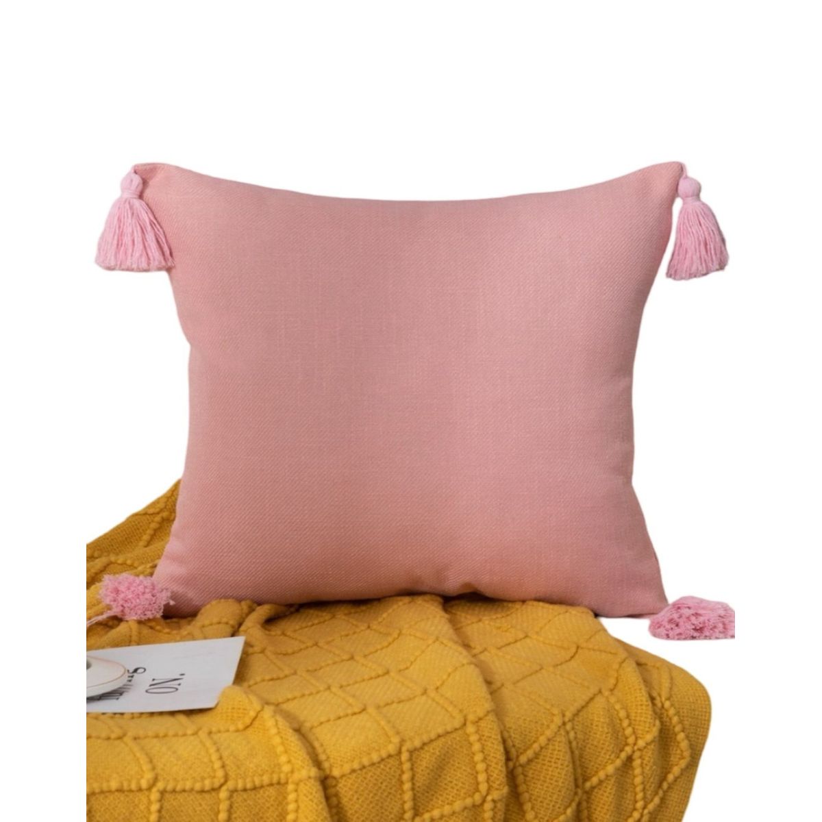 GENERICO - Set de 4 Fundas de Cojín de Lino con Pompones-Rosa