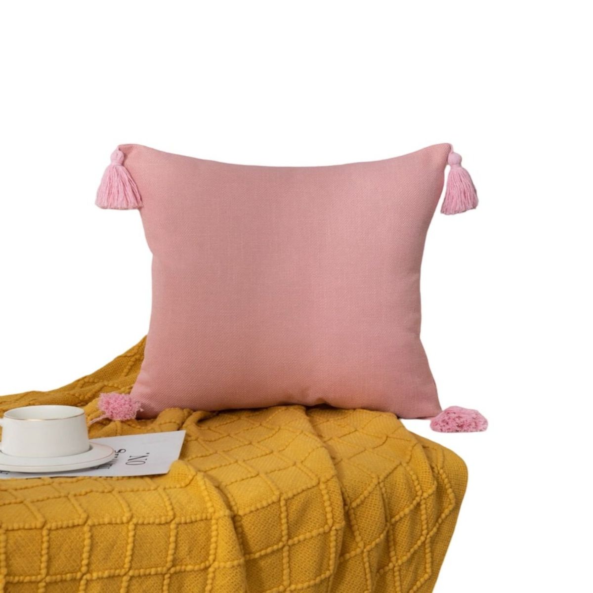 GENERICO - Set de 4 Fundas de Cojín de Lino con Pompones-Rosa