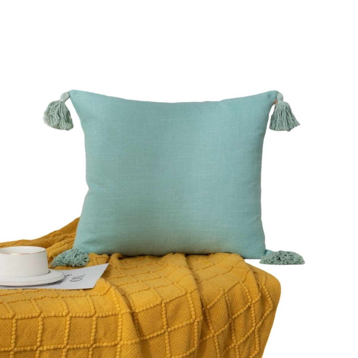 GENERICO - Set de 4 Fundas de Cojín de Lino con Pompones-Turquesa