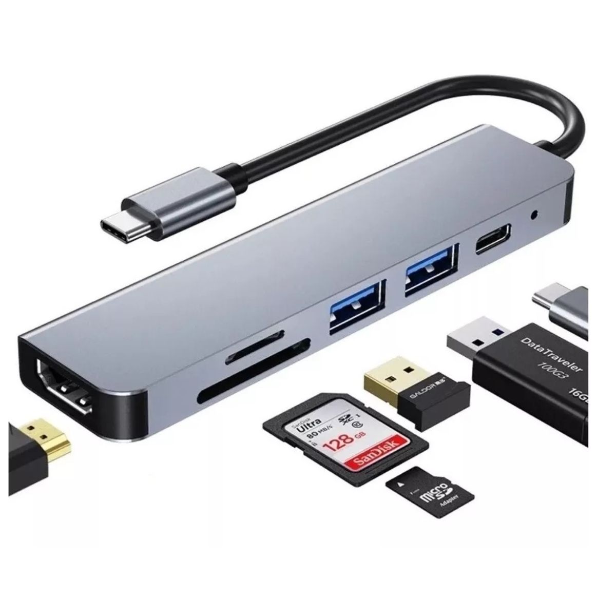 GENERICO - HUB Adaptador USB-C 6 En 1 (HDMI, USB 3.0, TF, SD, USB-C)