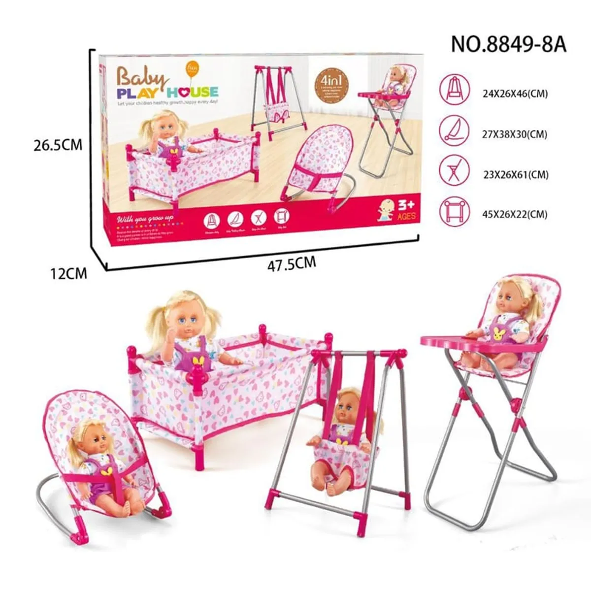 GENERICO - Set Juego 4 En 1 Con Muñeca, Silla, Comedor, Columpio Y Cuna