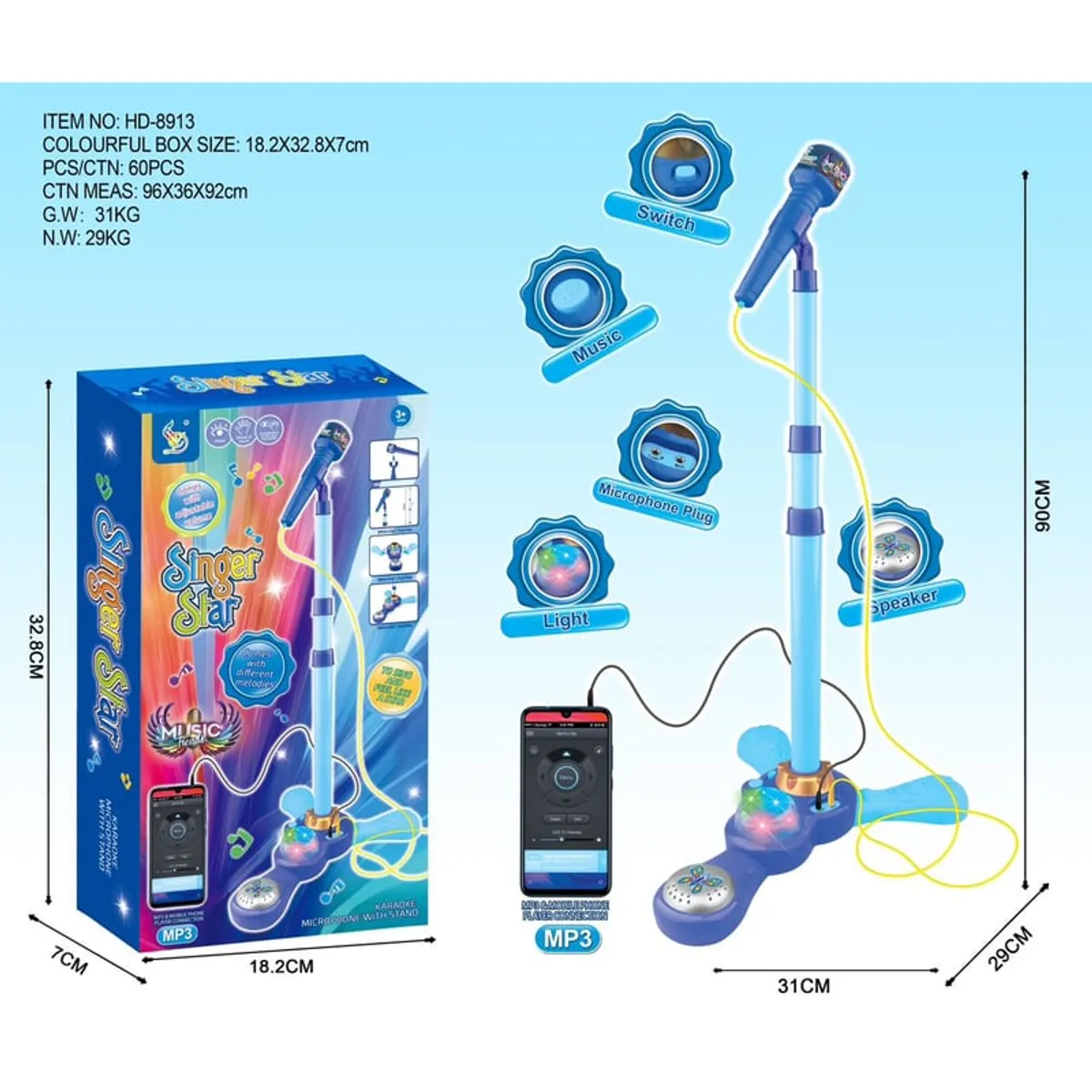 GENERICO - Microfono Pedestal Juguete Mp3 Con Luces Infantil Azul
