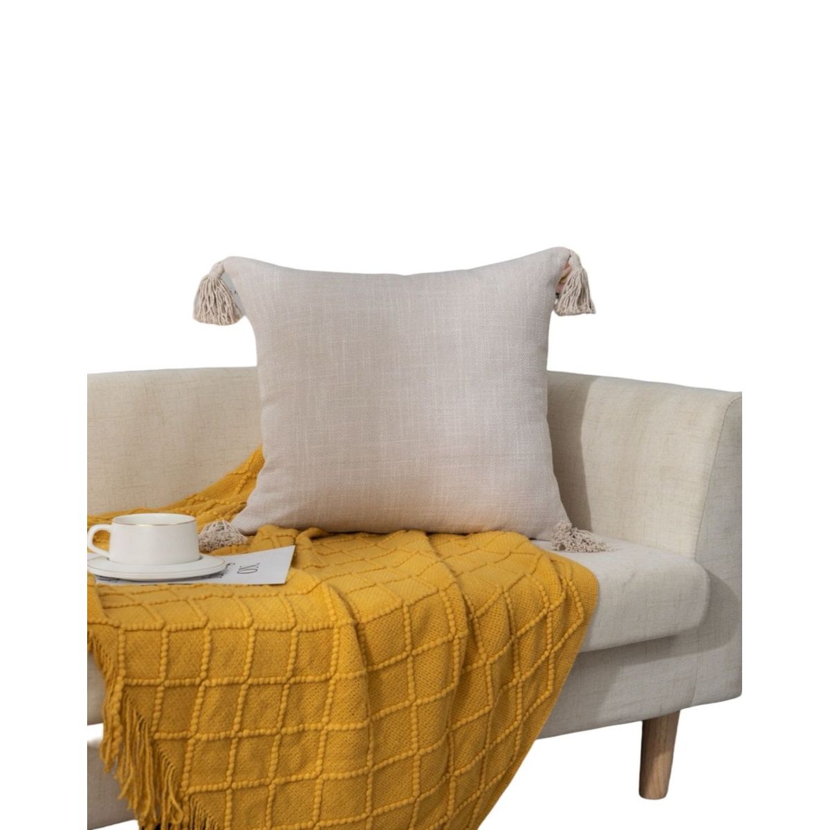 GENERICO - Set de 4 Fundas de Cojín de Lino con Pompones-Beige