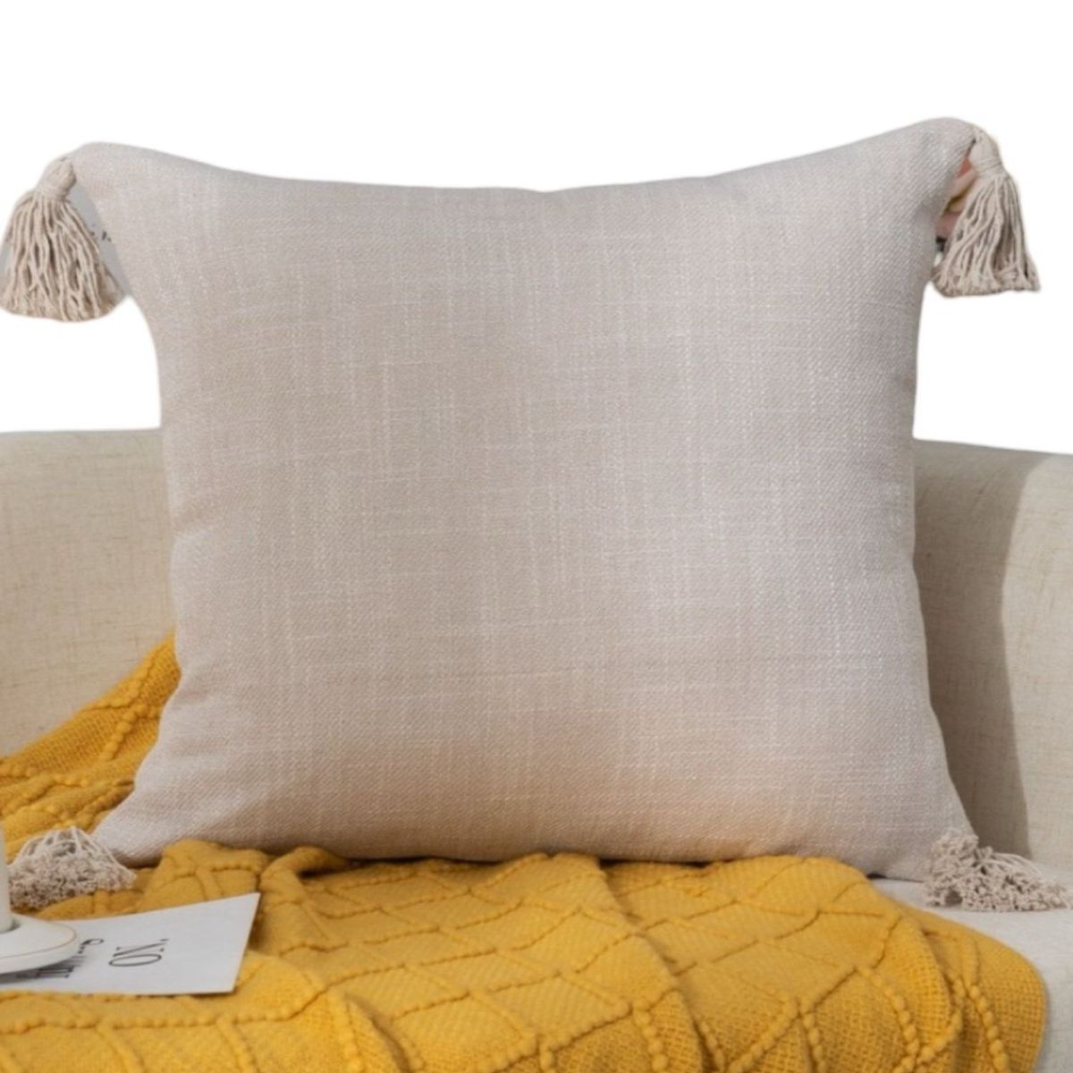 GENERICO - Set de 4 Fundas de Cojín de Lino con Pompones-Beige