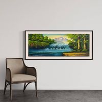 Cuadro Paisaje Oleo Cascada Pintado Enmarcado 146x66 cms
