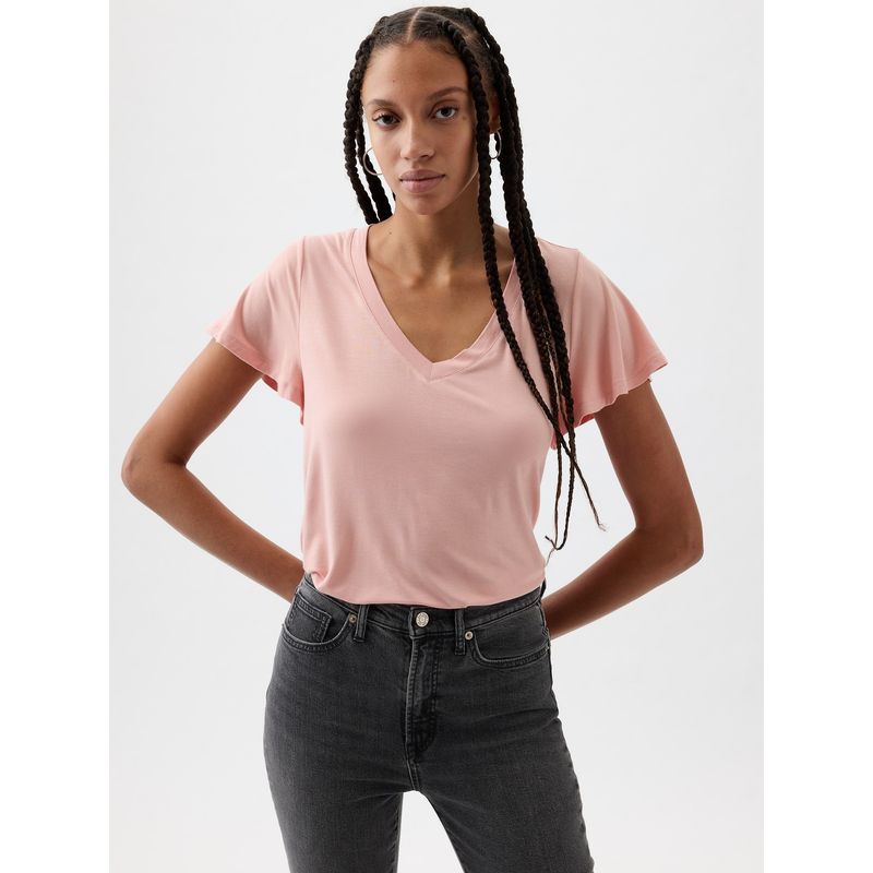 GAP - Polera Mujer Cuello V Manga Corta Vuelos Rosado GAP