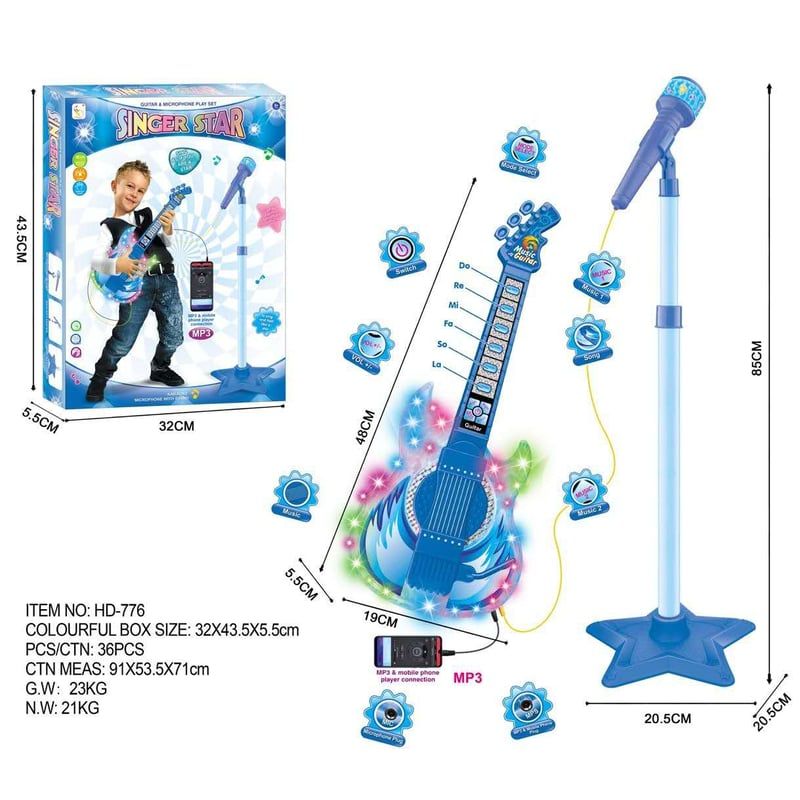 GENERICO - Set Guitarra Microfono Pedestal Juguete Mp3 Luces Azul
