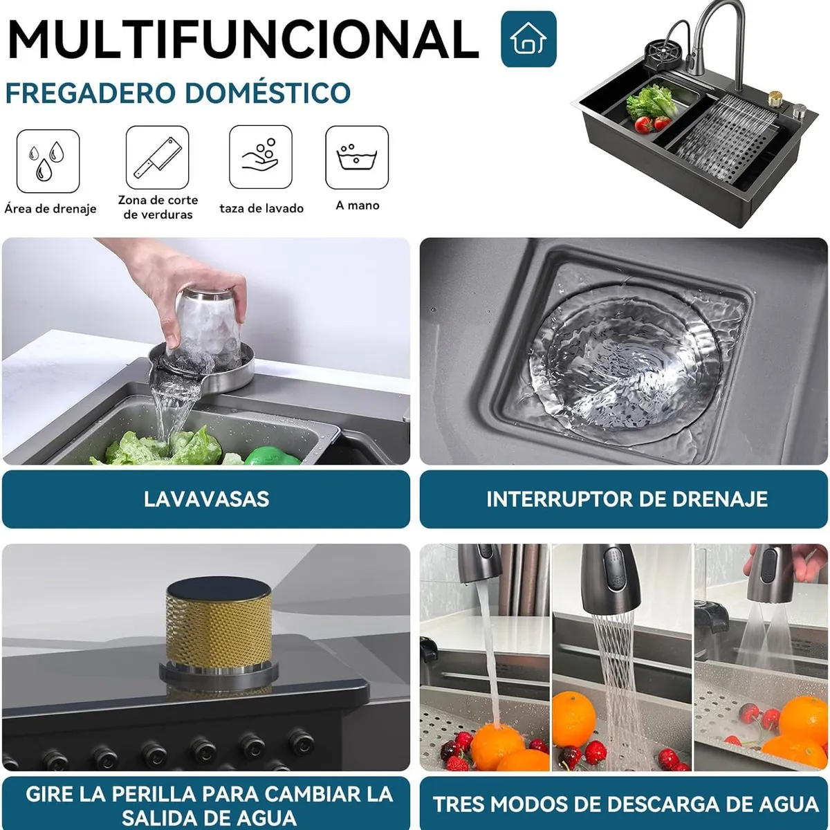 BLUEDREAMER - Lavaplatos Empotrado Acero Inoxidable 80x46x21cm Negro