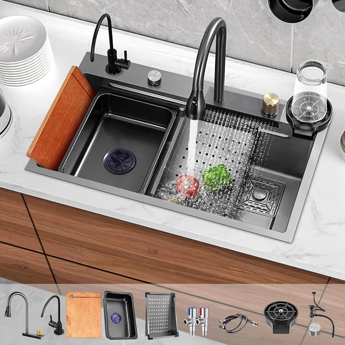 BLUEDREAMER - Combo Lavaplato Cascada Empotrado 75x45x21cm Acero Inoxidable Lavavaso