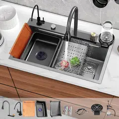 BLUEDREAMER - Combo Lavaplato Cascada Empotrado 75x45x21cm Acero Inoxidable Lavavaso