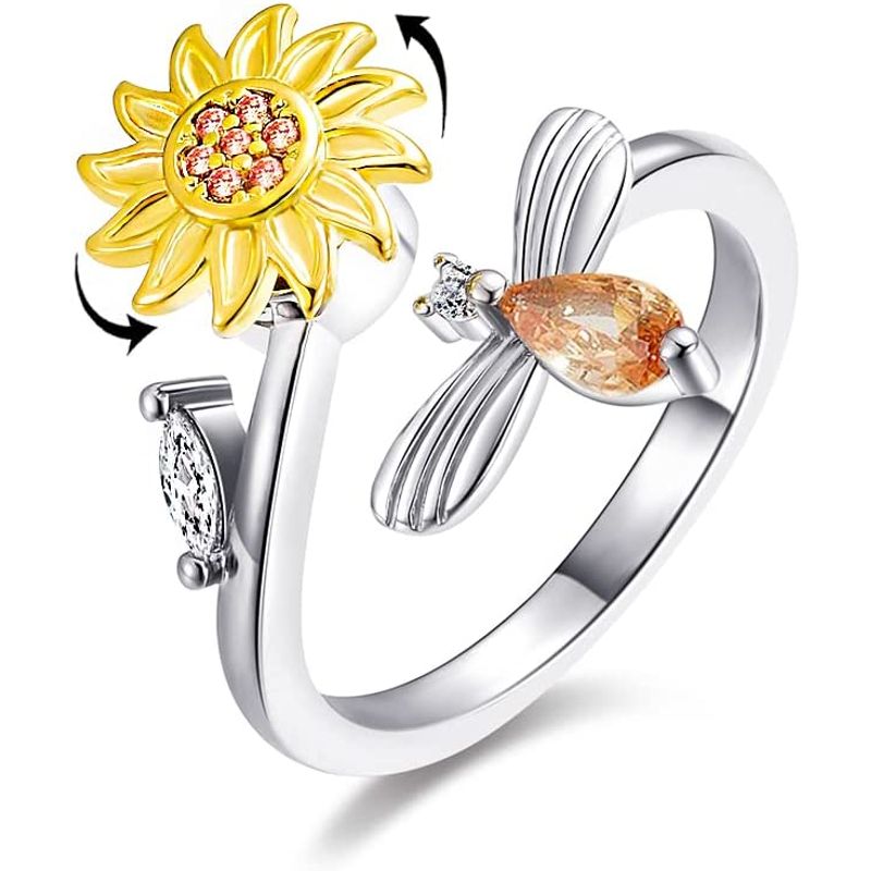 NO LOGO - Anillo Flor Girasol Giratorio Antiestres Circonio Flor Sol
