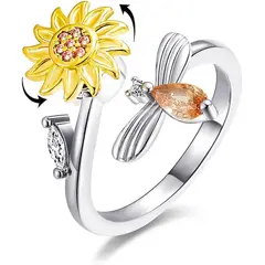 NO LOGO - Anillo Flor Girasol Giratorio Antiestres Circonio Flor Sol