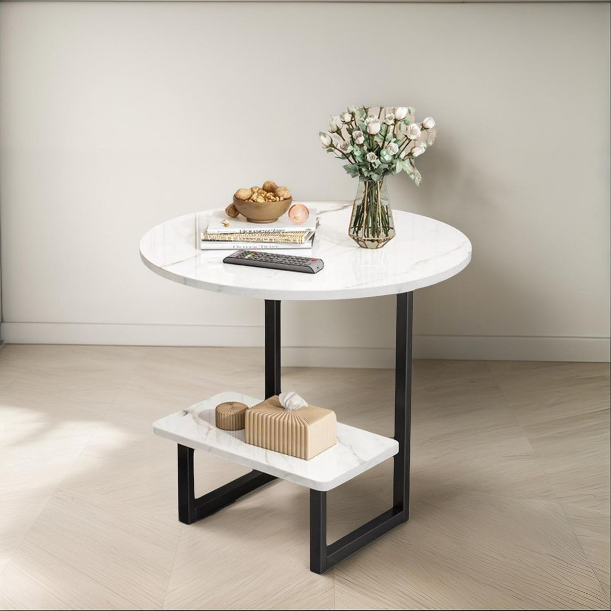 IMPORTCLICK - Mesa Centro Redonda Living Hogar Fierro Madera Blanca