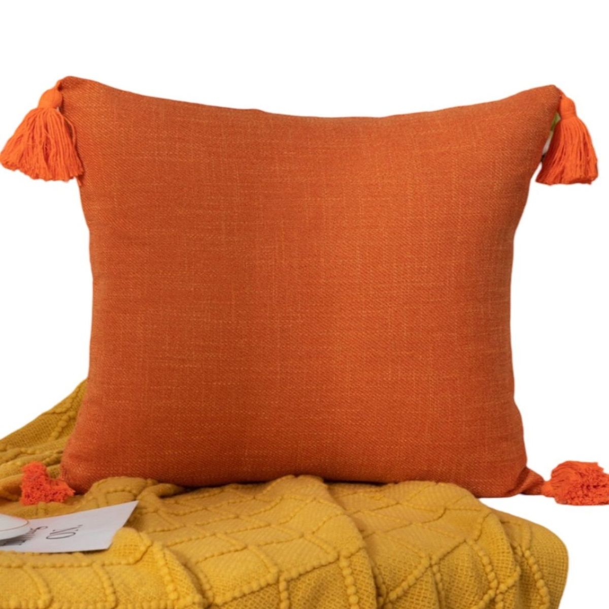 GENERICO - Set de 4 Fundas de Cojín de Lino con Pompones-Naranja