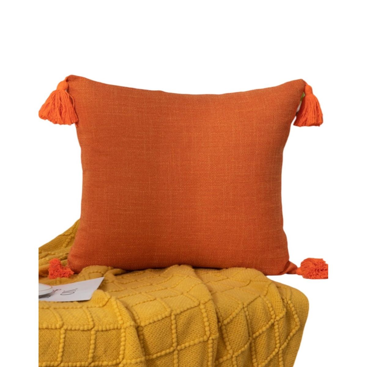 GENERICO - Set de 4 Fundas de Cojín de Lino con Pompones-Naranja