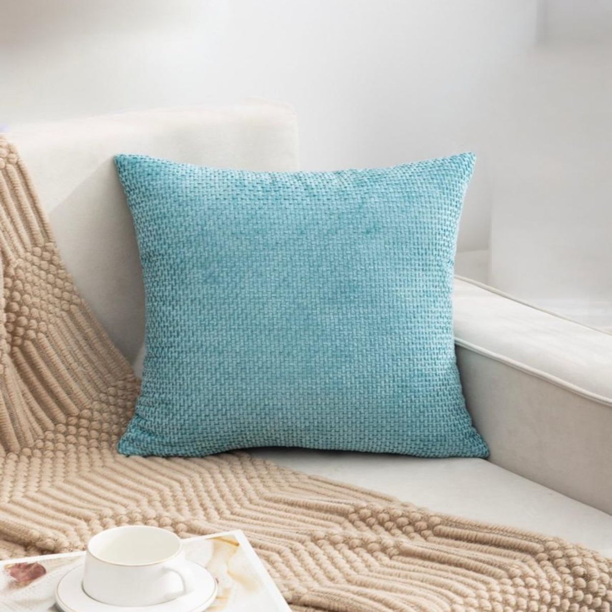 GENERICO - Juego de 2 Fundas de Cojín Estilo Chenille Cuadrille-Turquesa