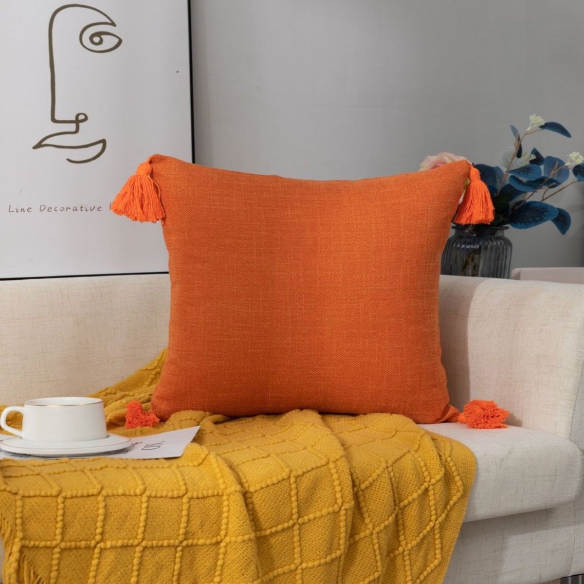 GENERICO - Juego de 2 Fundas de Cojín de Lino con Pompones-Naranja