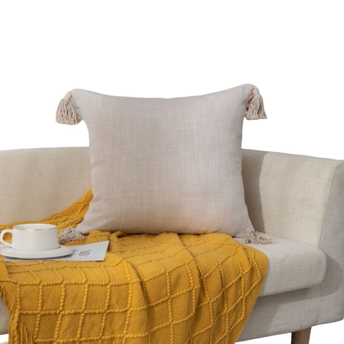 GENERICO - Juego de 2 Fundas de Cojín de Lino con Pompones-Beige