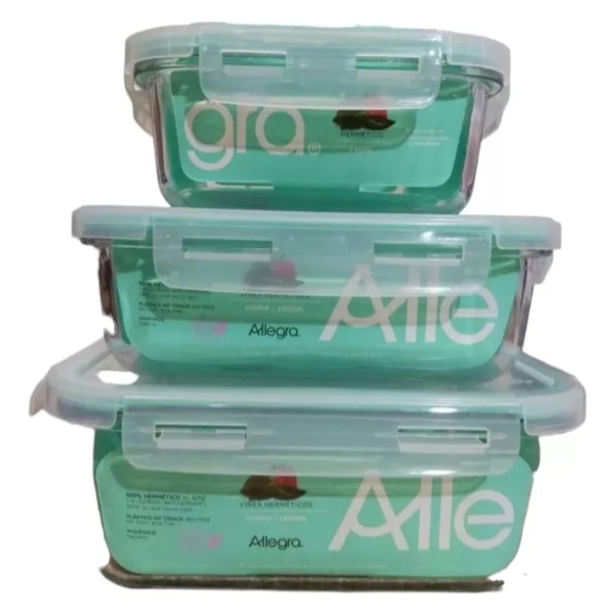 IMPORTCLICK - Set 3 Tupper Hermético Vidrio Para Alimentos 17 x 12 x 5.5 CM Negro